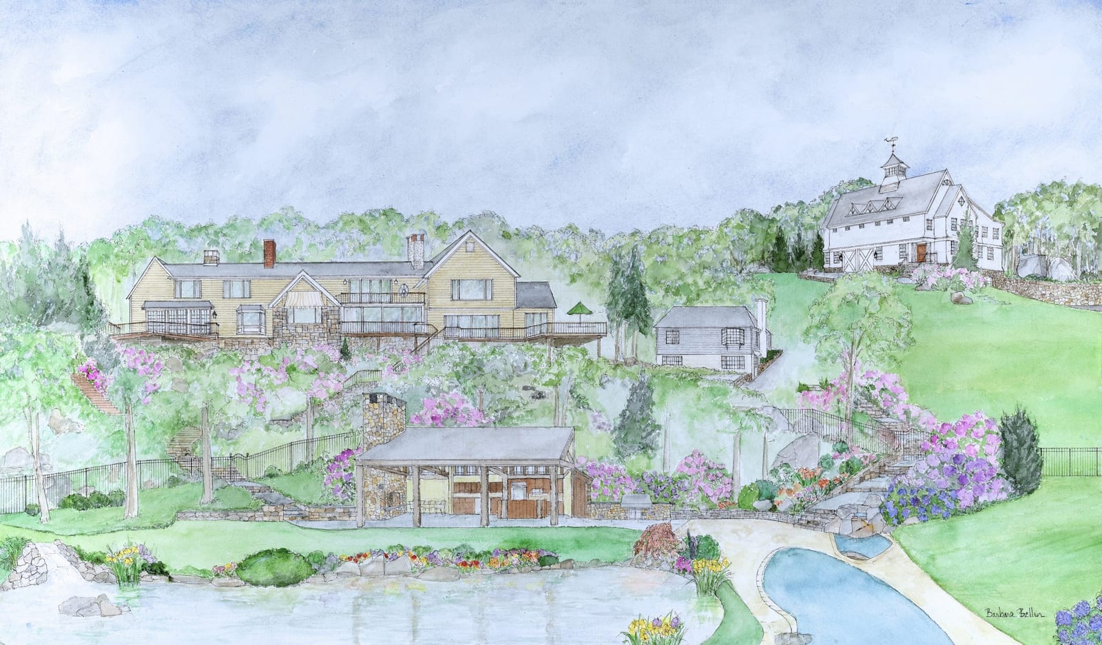 Watercolor of Hilltop Estate by Barbara Bellin