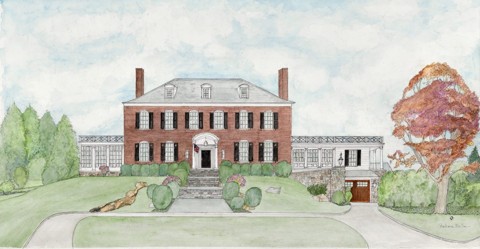 Watercolour and pen portrait of a brick Georgian colonial house by Barbara Bellin