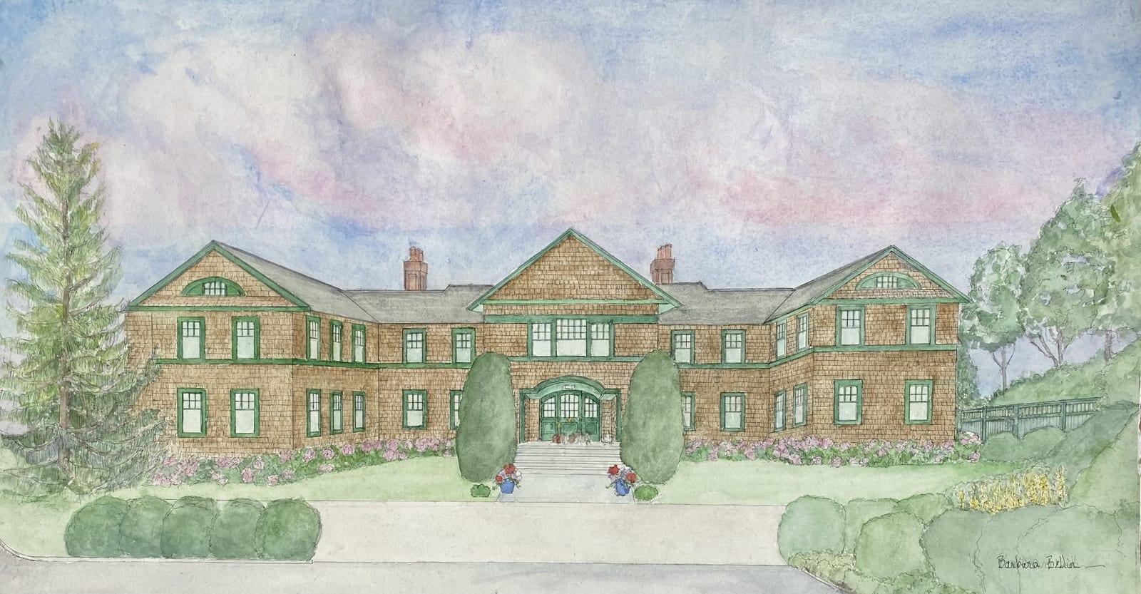Watercolor of Shingle-Style Manor by Barbara Bellin