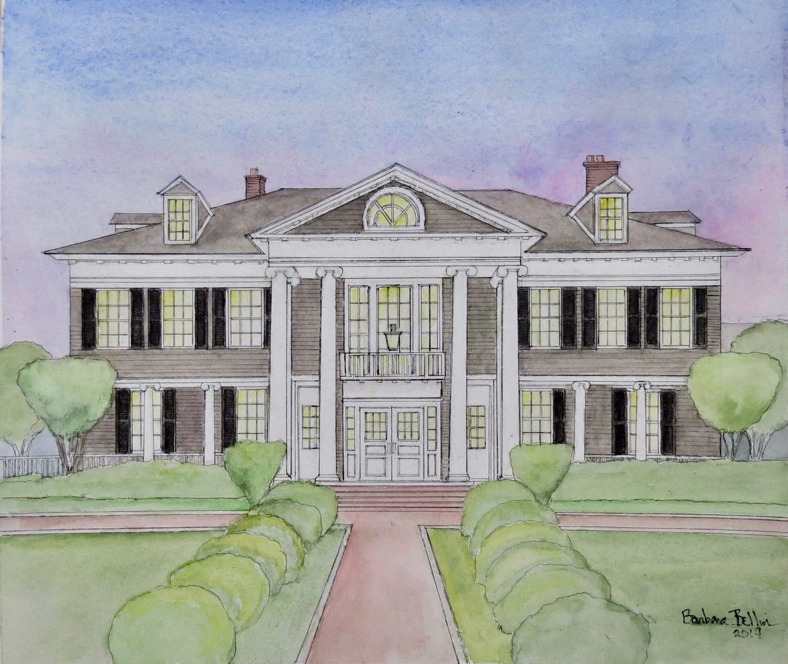 Watercolor & pen of Columned Colonial at Dusk by Barbara Bellin