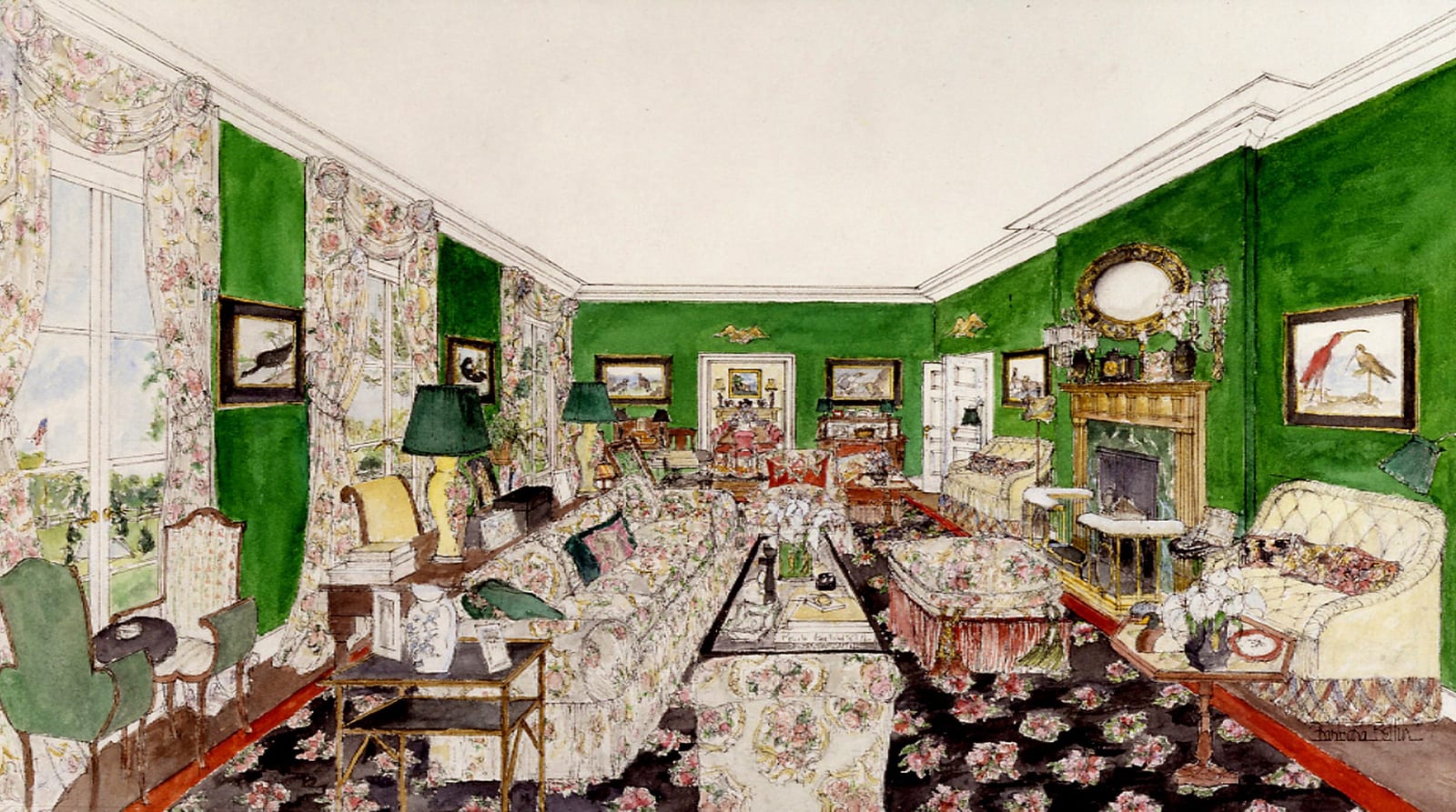 Interior rendering of Drawing Room by Barbara Bellin