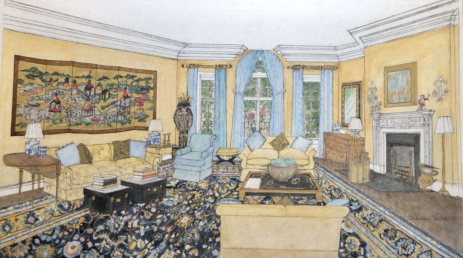 Interior rendering of Sitting Room by Barbara Bellin
