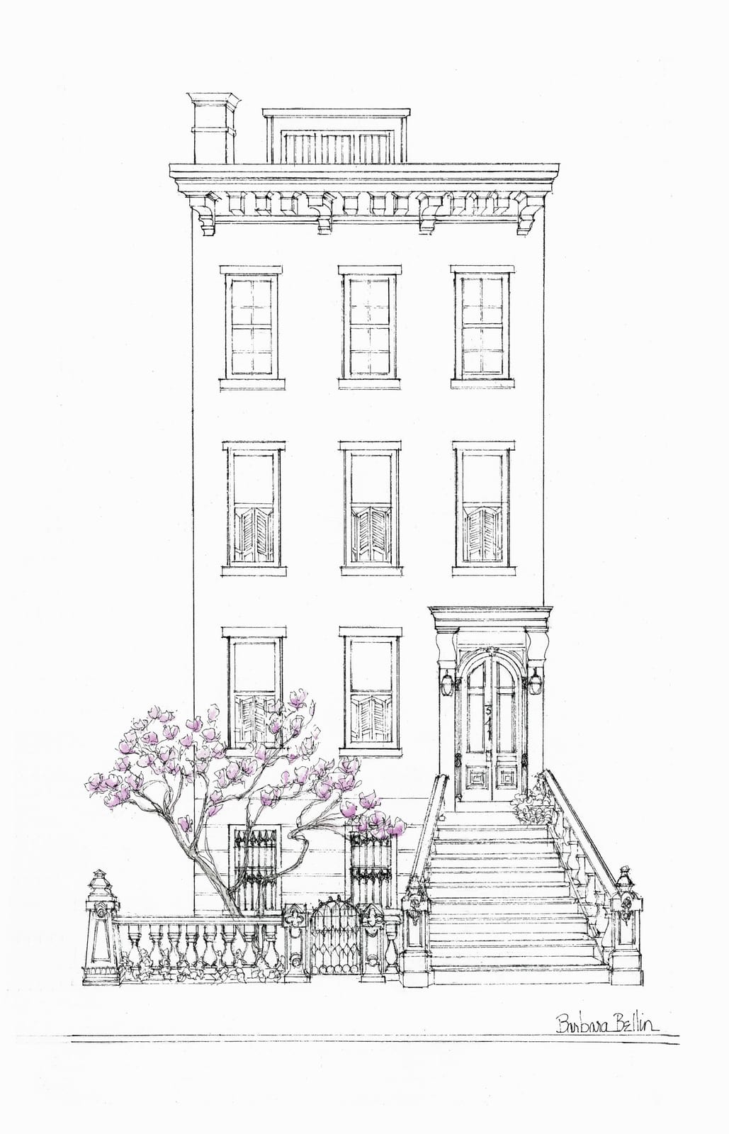 Pen & ink with wash of Magnolia Townhouse by Barbara Bellin